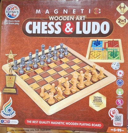 Ratna's Magnetic Wooden Art 2-in-1 Chess and Ludo – Premium Travel-Friendly Board Game
