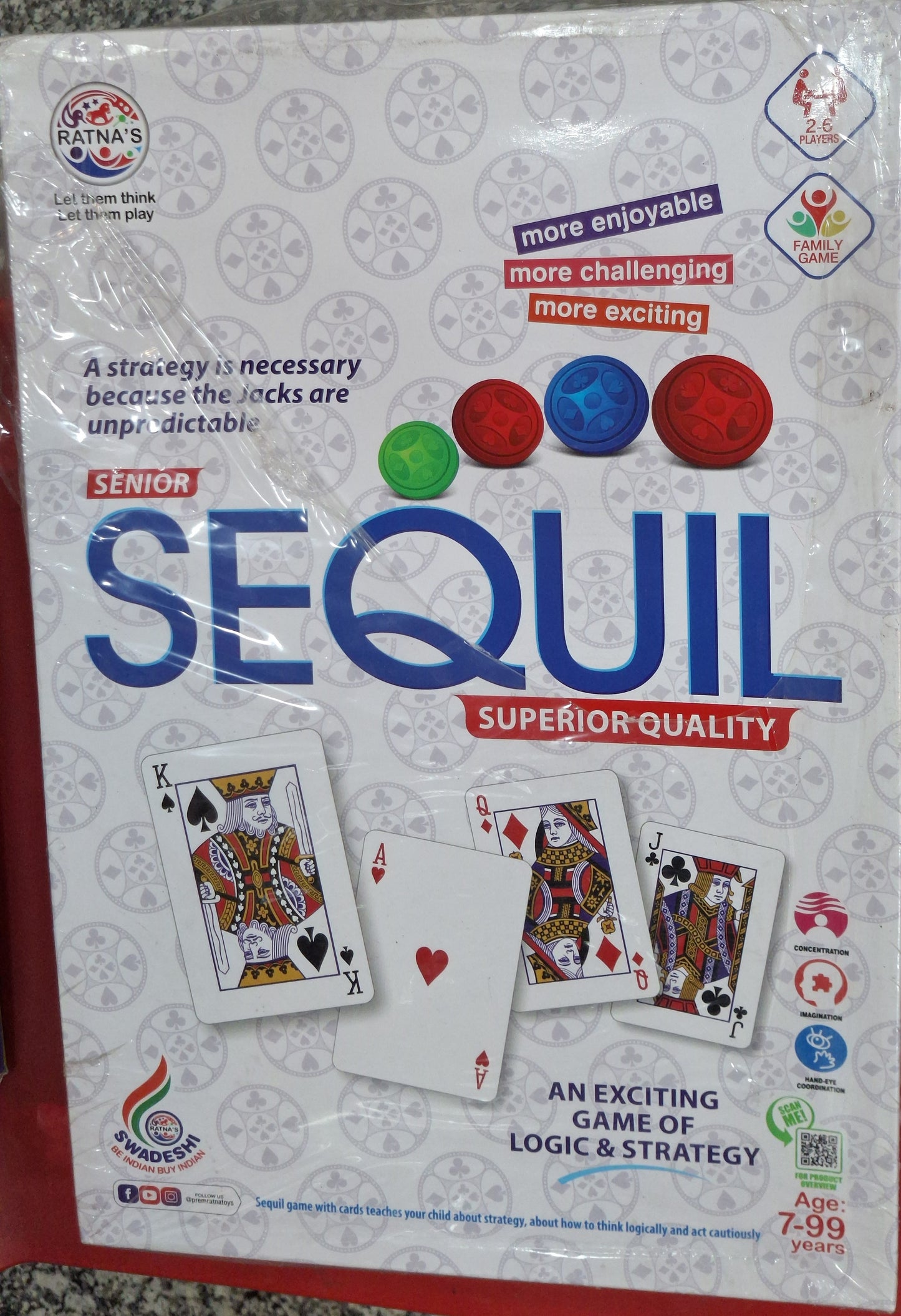 Ratna's Senior Sequence (Sequil) Board Game – Classic Strategy Game with Cards & Chips