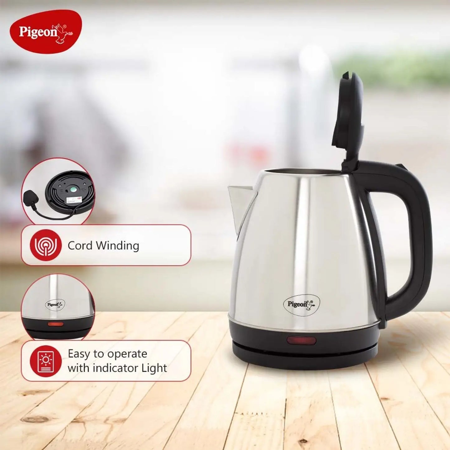 Pigeon HOT Electric Kettle (1.8L) – 1500W Stainless Steel Water Boiler